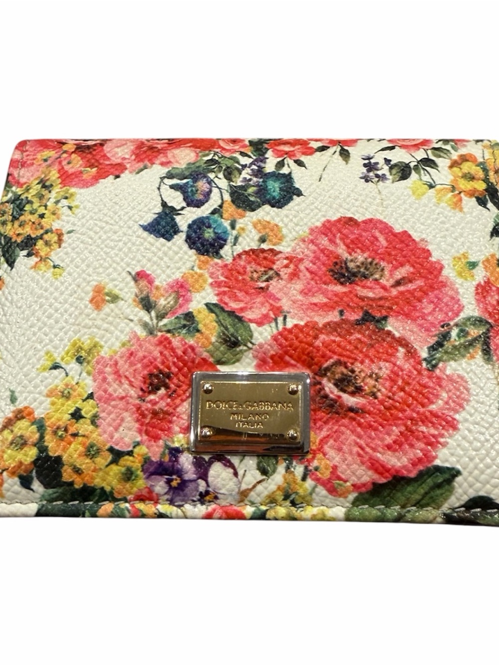 Dolce & Gabbana Floral Print Leather Compact Wallet Logo Plaque White